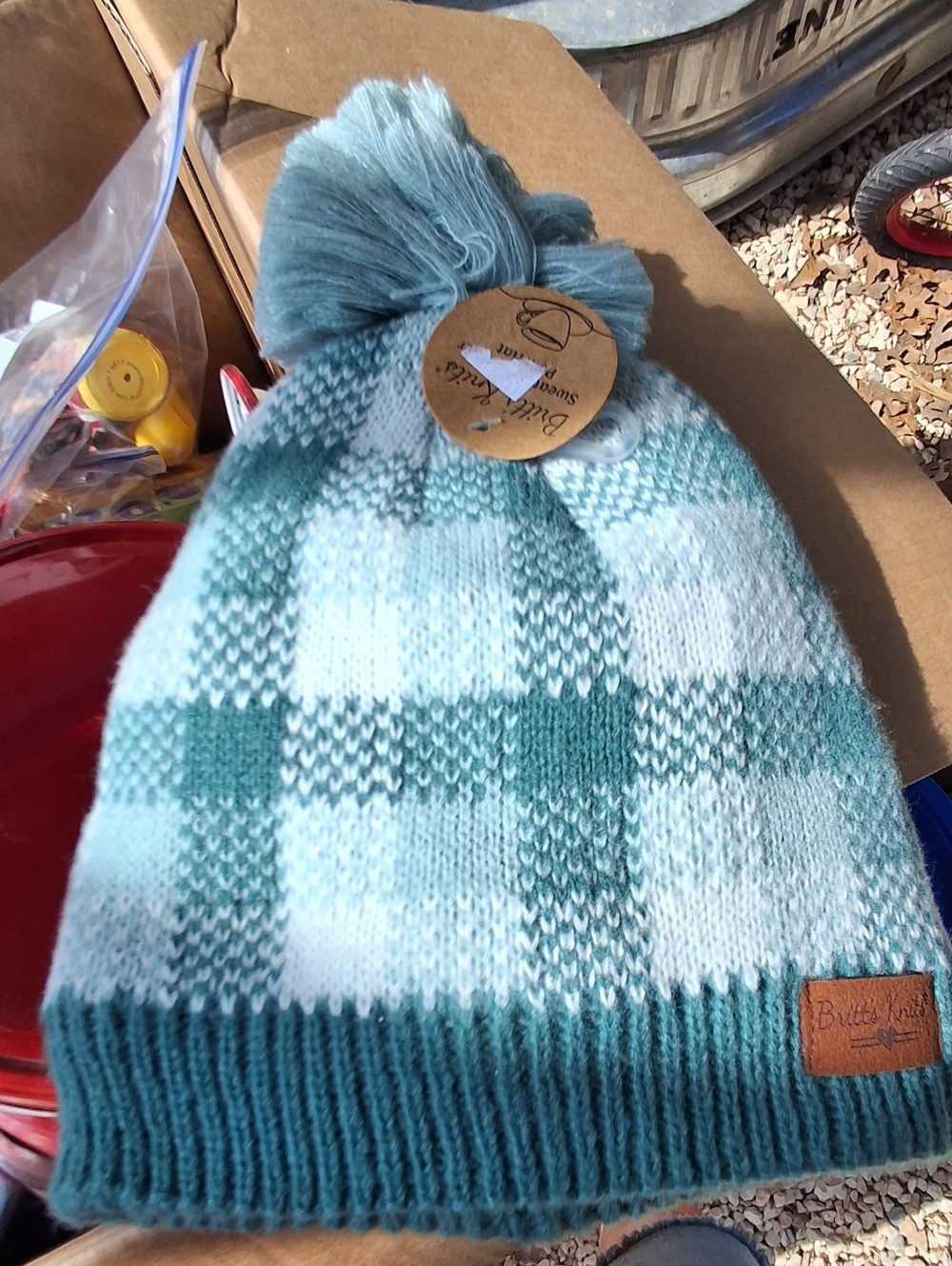 Branded Women's Plaid Pom Beanie in Mint Green
